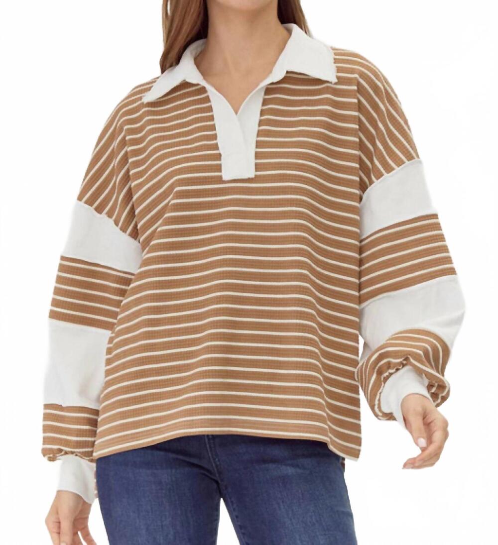 NEW JODIFL women's contrast stripe collared pullover in taupe